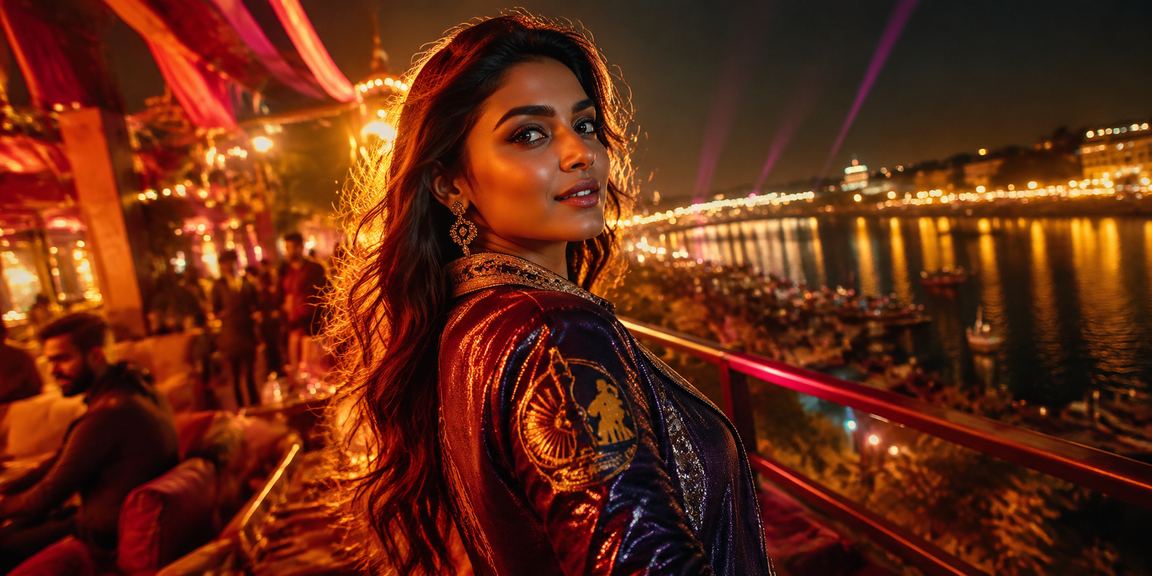 View of Ahmedabad riverfront with cricket betting and Bollywood posters