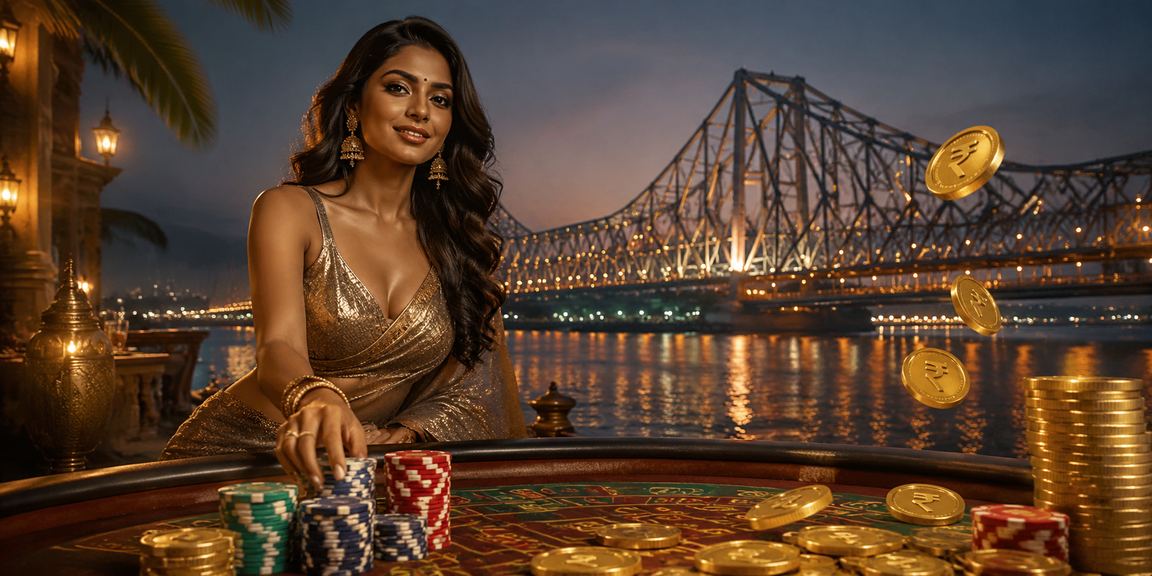Kolkata's Howrah Bridge backdrop with online rummy betting theme